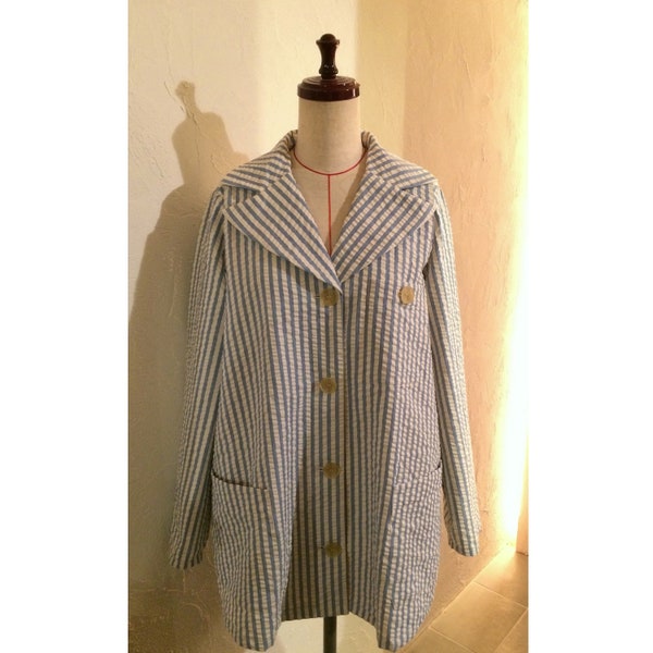 Off-White and Indigo Blue Striped Seersucker Shirt Jacket Notched Lapel Collar Relaxfit Boxy Look Thinner US 8 - US 9 Large COCOdake COuture