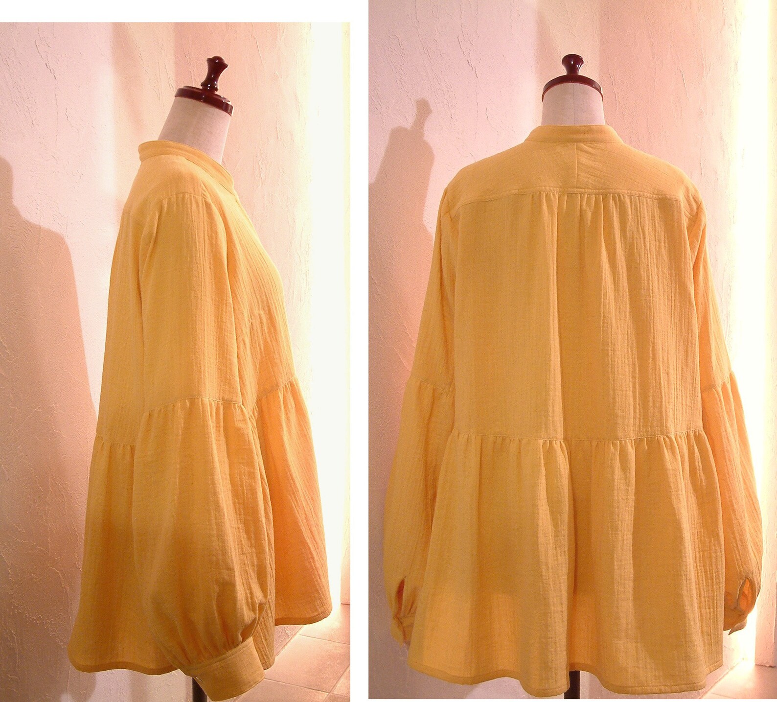 Yellow Cotton Double Gauze Peplum Gathered Blouse Shirt Peasant Top