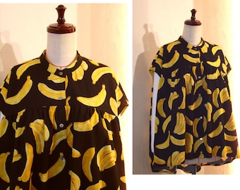 Black Poplin Yellow Banana Print Gathered Blouse V neck Relax fitted Cap sleeves Boxy shirt Oversized Top US 8 - US 9 Large COCOdake COuture