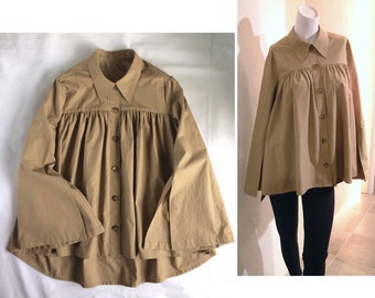 Camel Beige Cotton Poplin Slit Sleeves Bell Sleeves Gathered Blouse Shirt Top High low hem Relax fit US 8 - US 9 Large COCOdake COuture