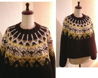 Brown Yellow Icelandic sweater Fair isle Yoke Lopapeysa Chunky knit Boxy High-low hem Oversized Relax fit US 8 - US 9 Large COCOdake COuture