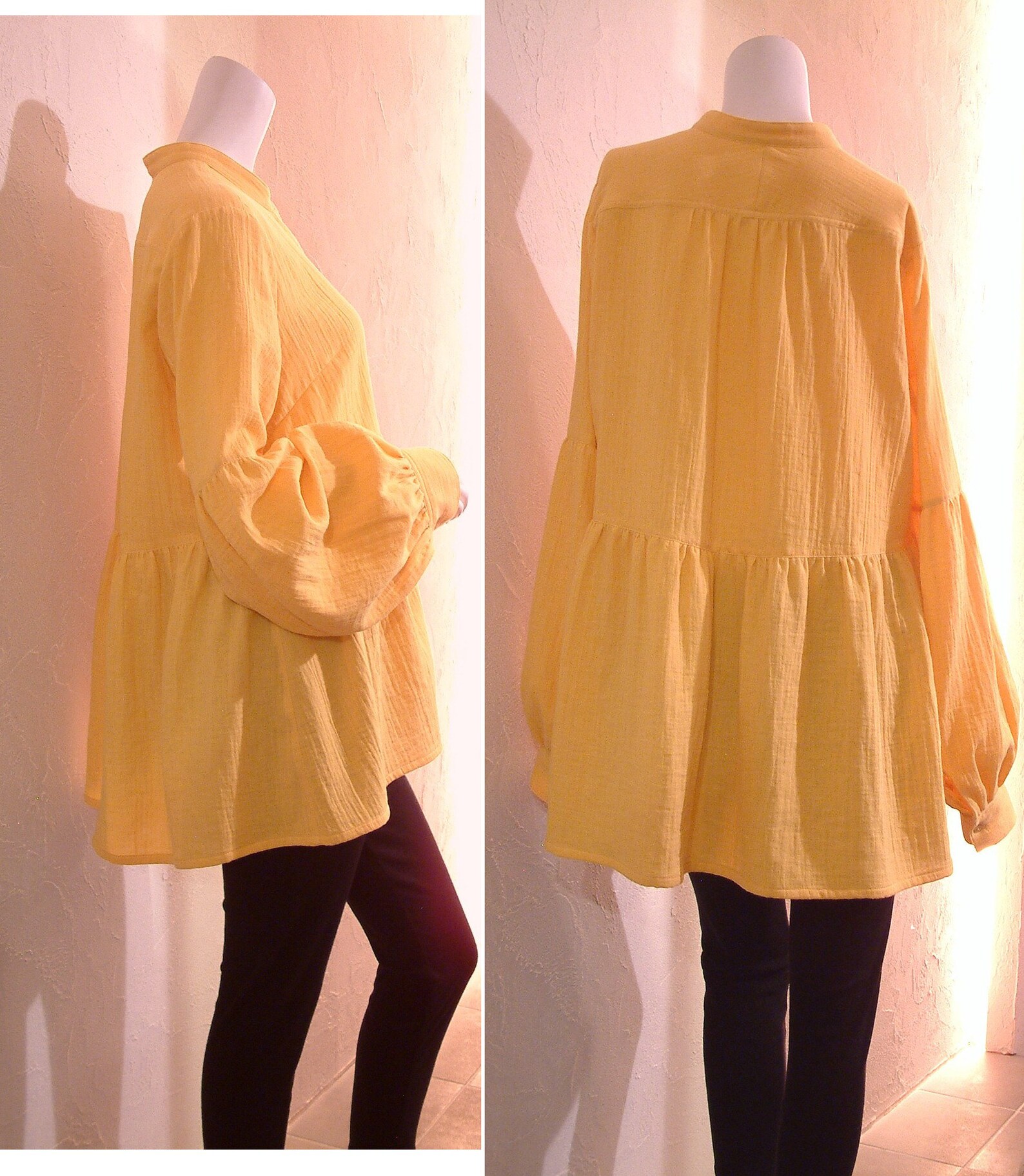 Yellow Cotton Double Gauze Peplum Gathered Blouse Shirt Peasant Top