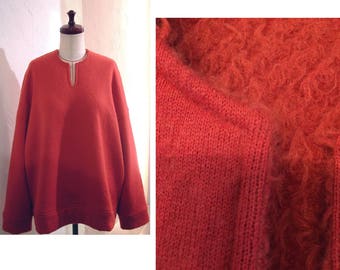 Red French terry Shaggy lined Slit neckline Drop shoulder Oversized Sweatshirt Knit Top Jumper Sweater US 8 - US 9 Large COCOdake COuture