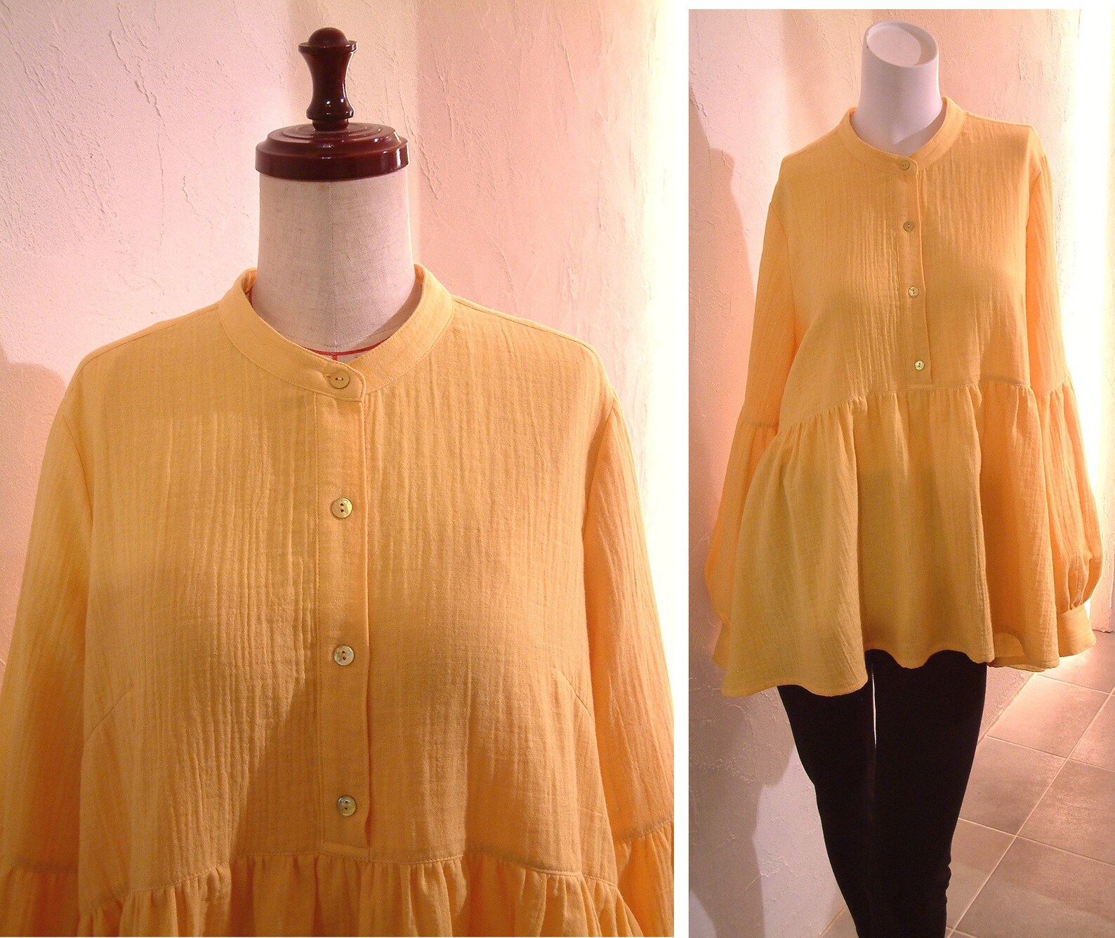 Yellow Cotton Double Gauze Peplum Gathered Blouse Shirt Peasant Top