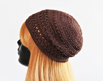 Women's brown crochet summer beanie, lace tam beret,boho hat, festival beanie, casual hat, sun protection, 100% cotton, slightly slouchy hat