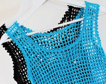 Crochet summer tank top for women, turquoise, size S, net top, see through beach blouse, resort, holiday, cruise, festival sleeveless top