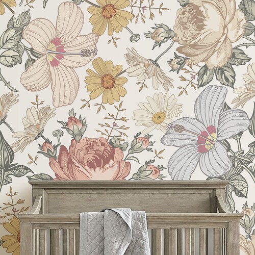 Floral Peel and Stick Wallpaper Nursery Floral Decor Etsy