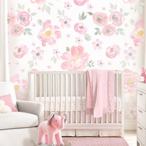 Floral Watercolor Mural Wallpaper, Watercolor Floral Wallpaper, self adhesive wallpaper, nursery wallpaper, NON-TOXIC.