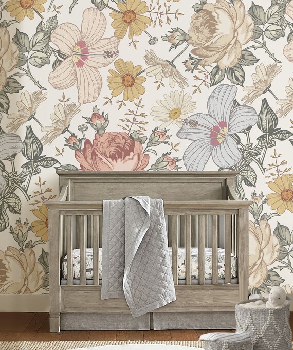 Floral Peel and Stick Wallpaper Nursery Floral Decor Etsy