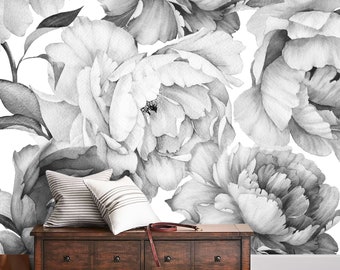 Peony Flower Mural Wallpaper, Extra Large, Peel and Stick Wall Mural , monochromatic black and white, bedroom, entryway, hallway, kitchen