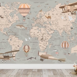 Customized Large World Map Wallpaper Kids Map Mural Hot Air Balloon Animals, Nursery Peel and Stick Wallpaper Political World Map NON-TOXIC