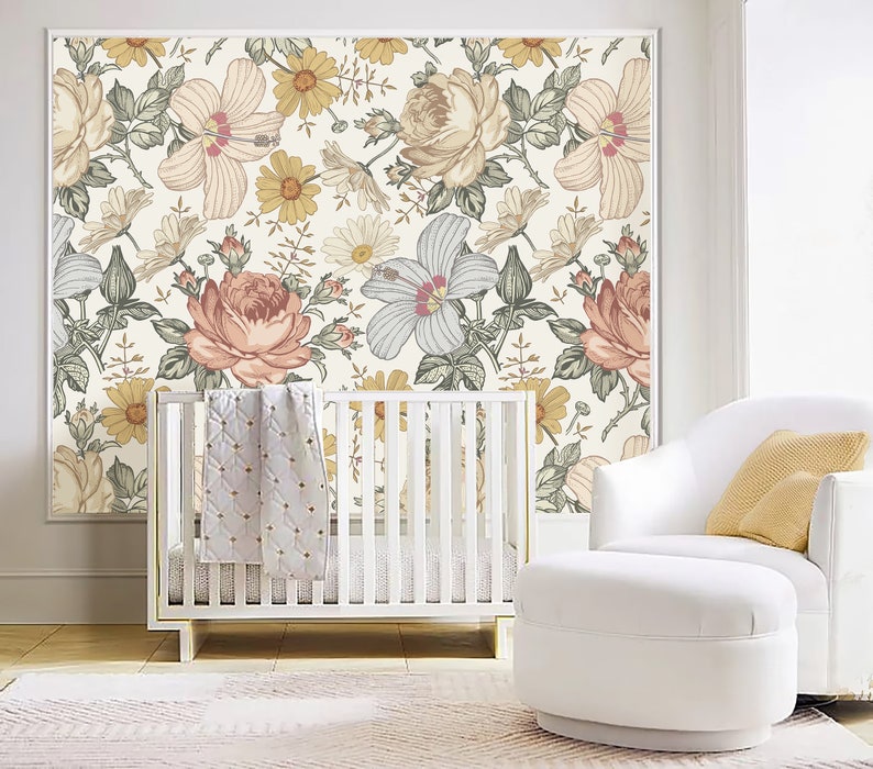 Floral Peel and Stick Wallpaper Nursery Floral Decor Etsy