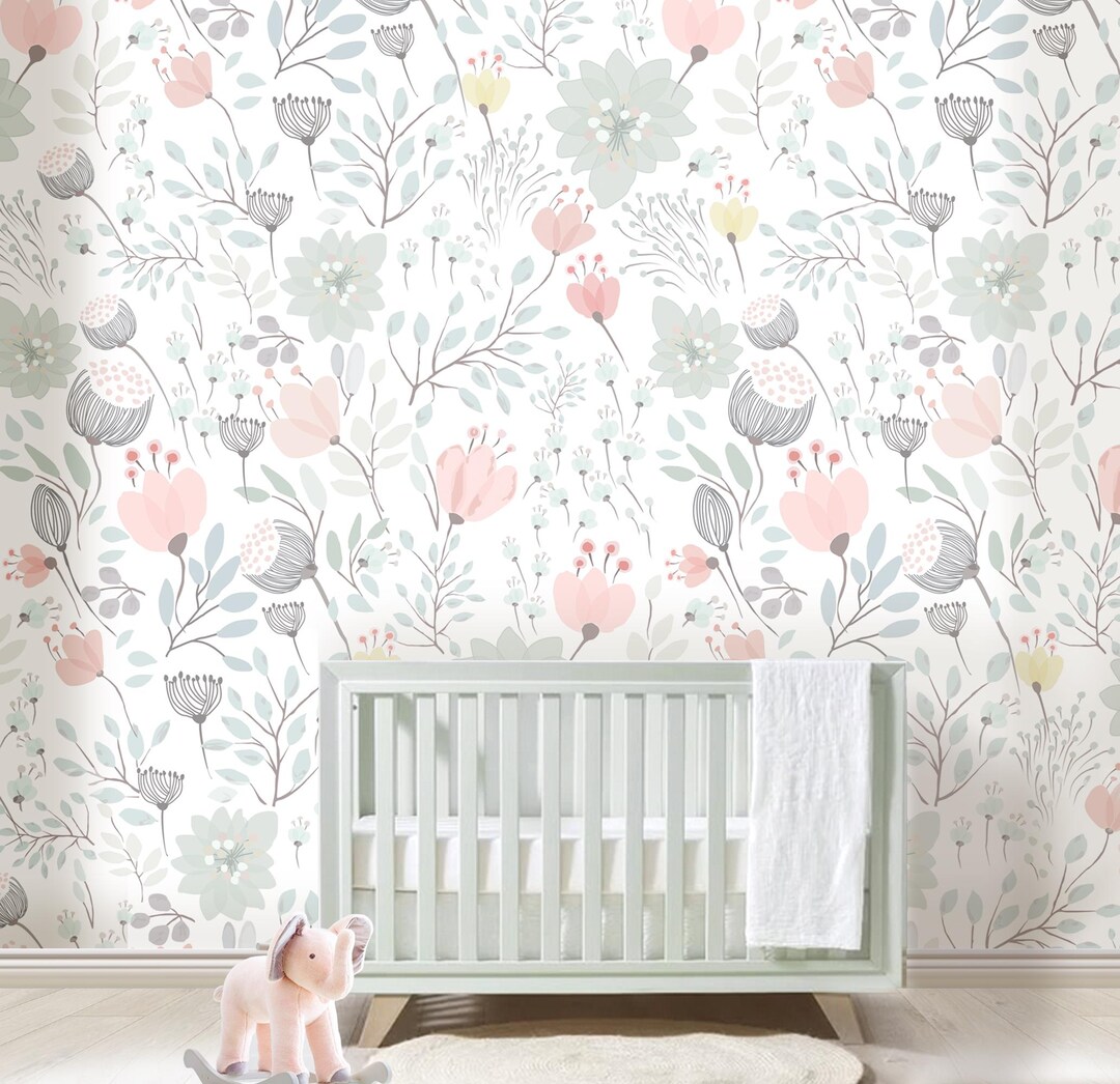 Floral Watercolor Mural Wallpaper: Peel and Stick Nursery Decor - Etsy