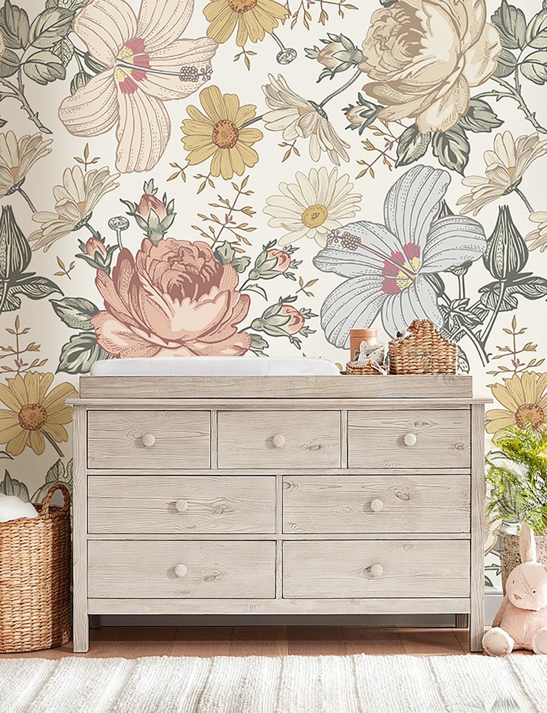 Floral Peel and Stick Wallpaper Nursery Floral Decor Etsy