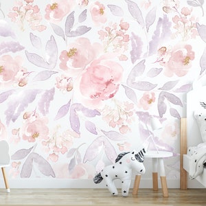 Floral Watercolor Mural Wallpaper, self adhesive wallpaper, removable wallpaper, wallpaper, girl nusery, oversized Flowers, blush, NON-TOXIC