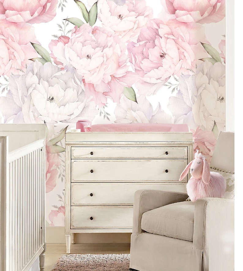 Floral Watercolor Mural Wallpaper, Removable Peel and Stick , Peony Watercolor Wallpaper, removable wallpaper, nursery wallpaper, NON-TOXIC image 2