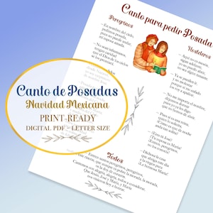 May include: A digital PDF document with Spanish lyrics for a Christmas celebration, titled "Canto de Posadas Navidad Mexicana". The document includes illustrations and is print-ready, ideal for festive use.