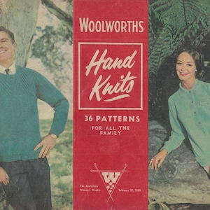 May include: Vintage magazine cover featuring a man and woman modeling knitwear. The cover is red with the text "Woolworths Hand Knits" and "36 Patterns for All the Family". The man wears a teal sweater, and the woman wears a teal blouse.