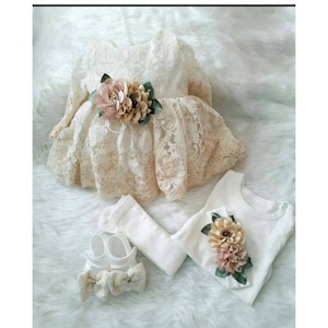 Lace Baby Dress In Gender Neutral, Christening Gown Girl 3 Months, Lace Christening Dress Set, Lace Newborn Dress, Newborn Girl Outfit Lace