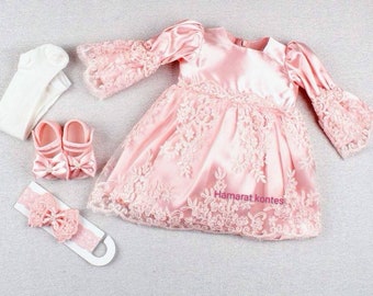 open lace back dress Newborn Baby Girl Birthday Baptism Dress One Shoulder Puff Sleeves Princess Dress 80 (9-12M) / Pink main image 0