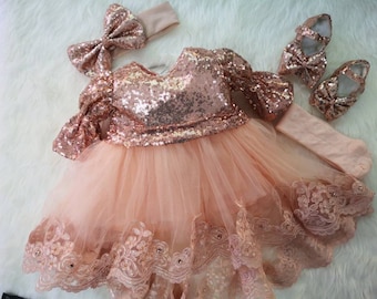 Baby Girl Sequin Dress in Rose Gold Lace Baby Dress Set Baby Girl Special Occasion Outfit Newborn Girl Outfit Lace Fancy Baby Girl Dress Etsy