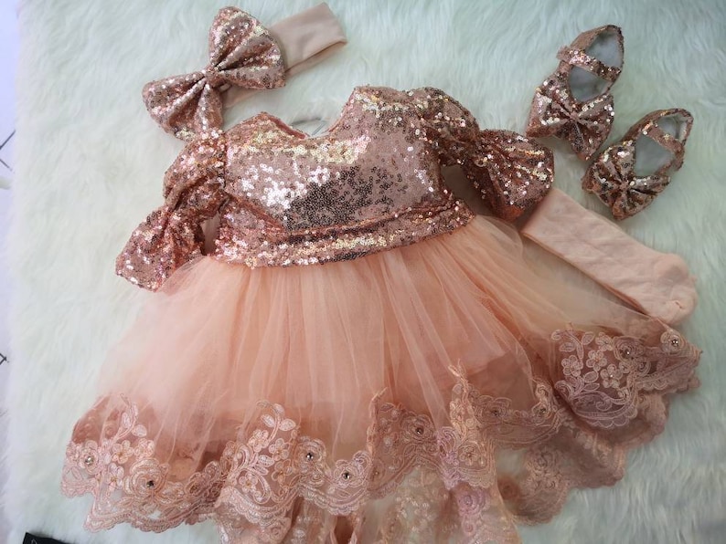 Baby Girl Sequin Dress in Rose Gold, Lace Baby Dress Set, Baby Girl Special Occasion Outfit