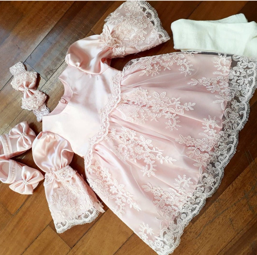 Baby Pink Lace Dress Newborn Christening Gown Baby Girl Etsy