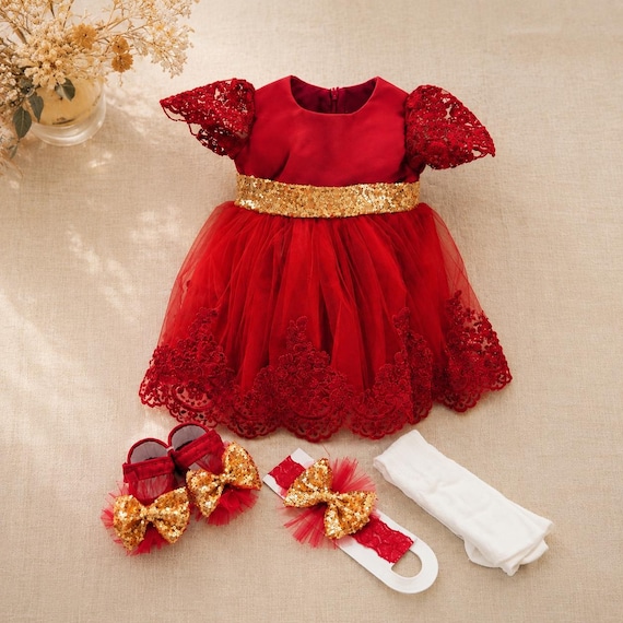 red dress with gold shoes Luxury Burgundy Baby Girl Dress, Christmas Lace Outfit Set, Holiday Sequin Belt Dress, 1st Birthday Outfit red and gold outfit ideas