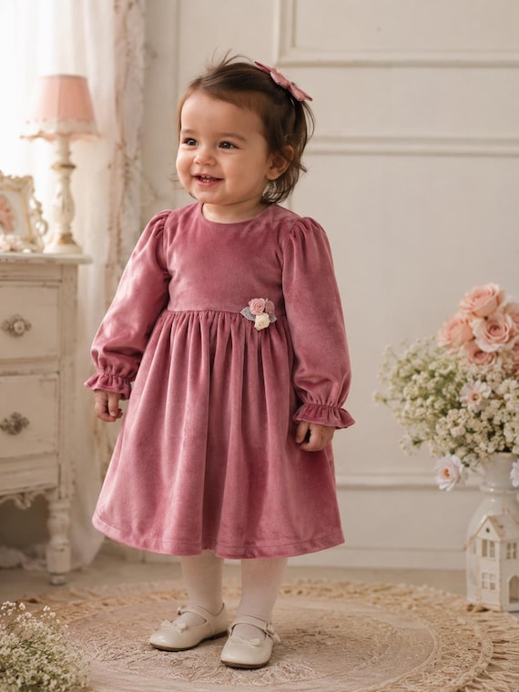 pink velvet christmas dress Dusty Rose Baby Dress, Luxury Birthday Outfit Girl, Long Sleeve Toddler Dress, Vintage Baby Girl Dress, Holiday Outfit Girl dresses