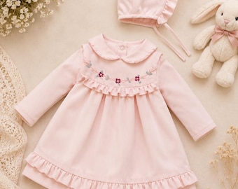 Hand Embroidered Baby Dress, Vintage Bonnet Set, Heirloom Toddler Outfit, Pink Easter Dress, Luxury Baby Girl Dress