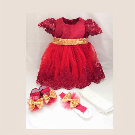 Newborn Girl Outfit Lace, Baby Dress for Wedding, Lace Baby Dress Red, Fancy Baby Girl Outfit, Baby Wedding Outfit, Baby Headband with Bow