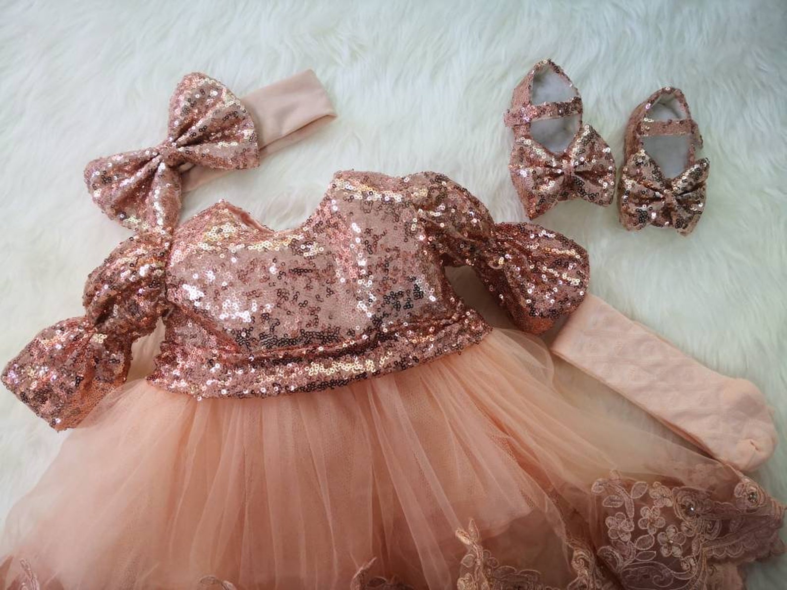 Baby Girl Sequin Dress in Rose Gold, Lace Baby Dress Set, Baby Girl