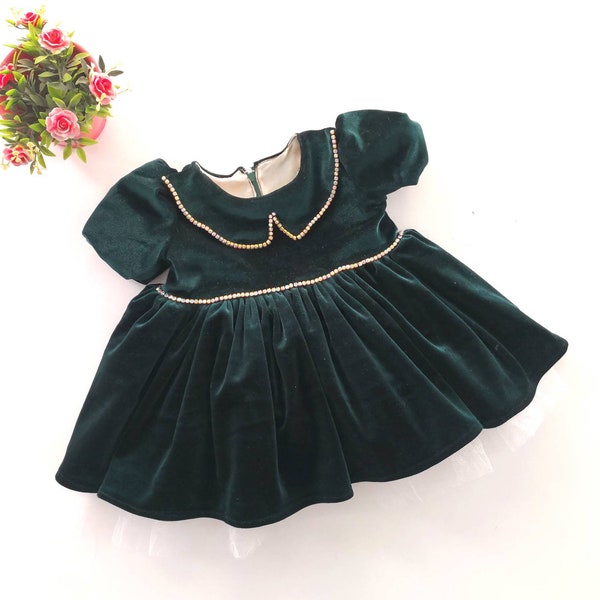 Green Velvet Dress Baby Girl, Baby Girl Dress Special Occasion, Velvet Baby Victorian Dress, 1st Birthday Clothes, Toddler Girl Outfit