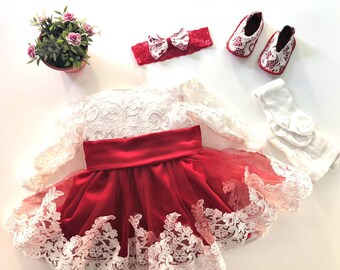 Burgundy White Lace Baby Dress Set, Luxury Flower Girl Dress, First Birthday Outfit, Christmas Baby Dress, Heirloom Gift