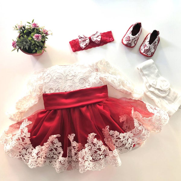 Baby Girl Christmas Outfit, Red Flower Girl Dress, Winter Wedding Clothing, Baby First Christmas Outdoor Dress, Newborn Red Lace Dress