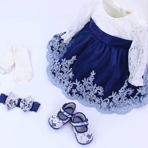 Baby Girl Dress Set, Wedding Dress Baby Girl, Christening Gown Girl, Newborn Navy Blue Outfit, Baptism Gown Infant, Baby Shower Gift Ideas