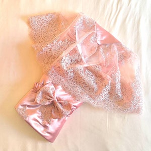 Lace Baby Blanket, Baby Girl Satin Wrap, Newborn Pink Swaddle, Baptism Gown Girl, Baby Shower Gift, Cocoon Swaddle Sack, Gift For New Mom