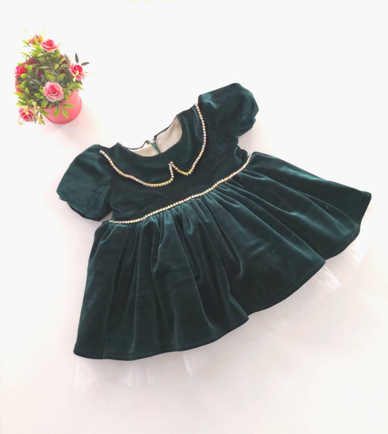 Baby Girl Winter Dress In Velvet Stuff Light Green Color