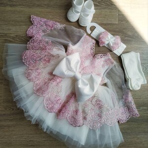 White Lace Christening Dress Set, Newborn Lace Outfit, Baby Blessing Dress Set, Lace Baptism Gown, Baby Dress With Bow