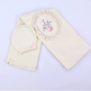 Embroidery Blanket Set, Handmade Newborn Swaddle, Infant Beanie Girl, Baby Shower Gift Ideas, Coming Home Outfit Baby, Handknit Swaddle Set