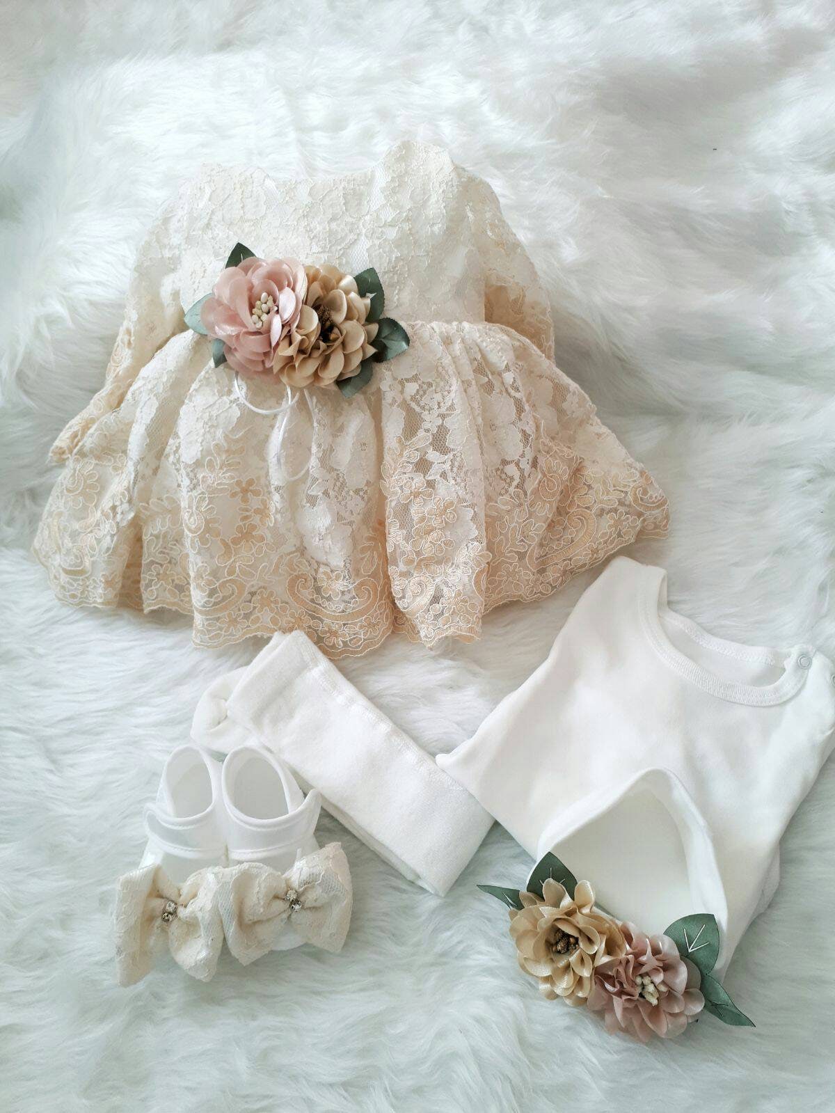 Ivory Lace Dress Girl, Flower Girl Dress Toddler, Baby Christening Gown With Floral Sash, Birthday Dress Baby Girl, Lace Baptism Dress Set