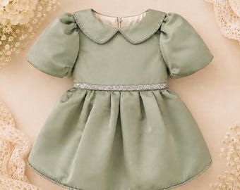 Salbei grünes Baby Kleid, Luxus Peter Pan Kragen Kleid, Puff Ärmel Kleinkind Outfit, Erbstück Geburtstag Kleid, 2 Stück Set