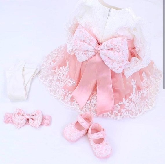 Pink Lace Christening Dress Set, Baptism Gown Girl, Baby Girl