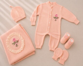 Hand Embroidered Baby Blanket Set, Pink Knitted Baby Set, Newborn Girl Gift, Heirloom Baby Blanket, Baby Shower Gift