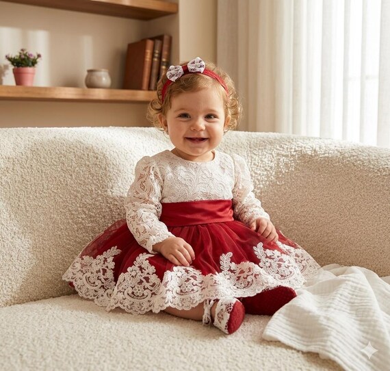 red lace infant dress Burgundy White Lace Baby Dress Set, Luxury Flower Girl Dress, First Birthday Outfit, Christmas Baby Dress, Heirloom Gift