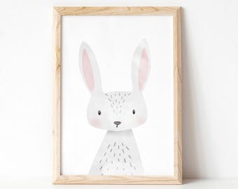 Bunny print, Grey nursery decor, Unframed print, Animal prints, Woodland Nursery Art, Rabbit Print, Bunny Decor