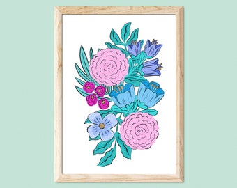 Blue and Pink Flower Print | Unframed A5 A4 A3 | Colourful Botanical Print | Maximalist Floral Illustration Gallery Wall Hallway Staircase