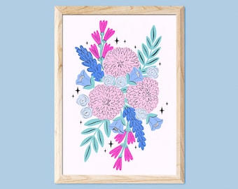 Blue and Pink Flower Print | Unframed A5 A4 A3 | Colourful Botanical Print | Maximalist Floral Illustration Gallery Wall Hallway Staircase