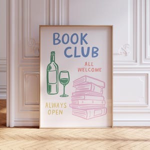 Impresión del club de lectura, decoración colorida para estanterías, descarga instantánea, arte mural literario, regalo para amantes de los libros, impresión de libros y vino, póster del club de lectura