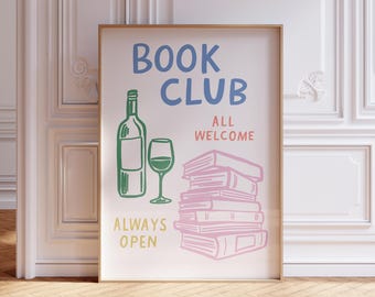 Book Club Print, Colourful Bookshelf Decor, Instant Download, Bookish Wall Art, Gift For Book Lover, Books and Wine Print, Book Club Poster